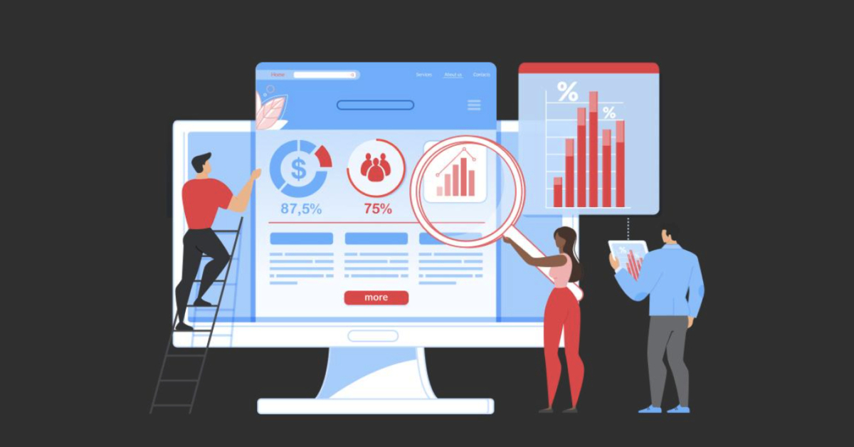 A cross-platform group of people looking at a computer screen during an ecommerce data conversion process.