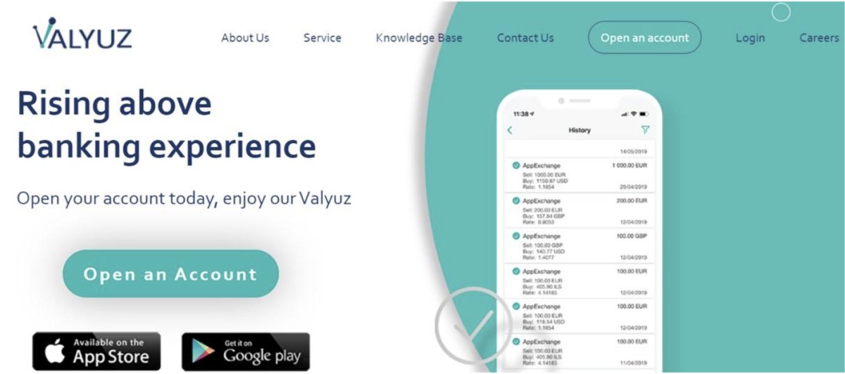 Screenshot of the Valyuz website showing options to open an account, download the app from App Store or Google Play, and a smartphone displaying transaction history with dedicated IBAN accounts.