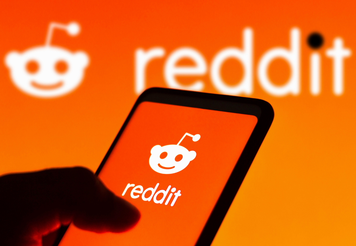 A person is holding up a phone browsing Reddit.