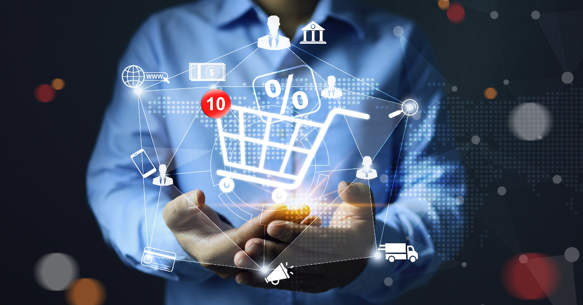 A person with open hands is surrounded by digital icons that represent online shopping, such as a shopping cart, percentage symbols, a notification bubble, and various related network connections—ideal for modern e-commerce stores attracting customers.