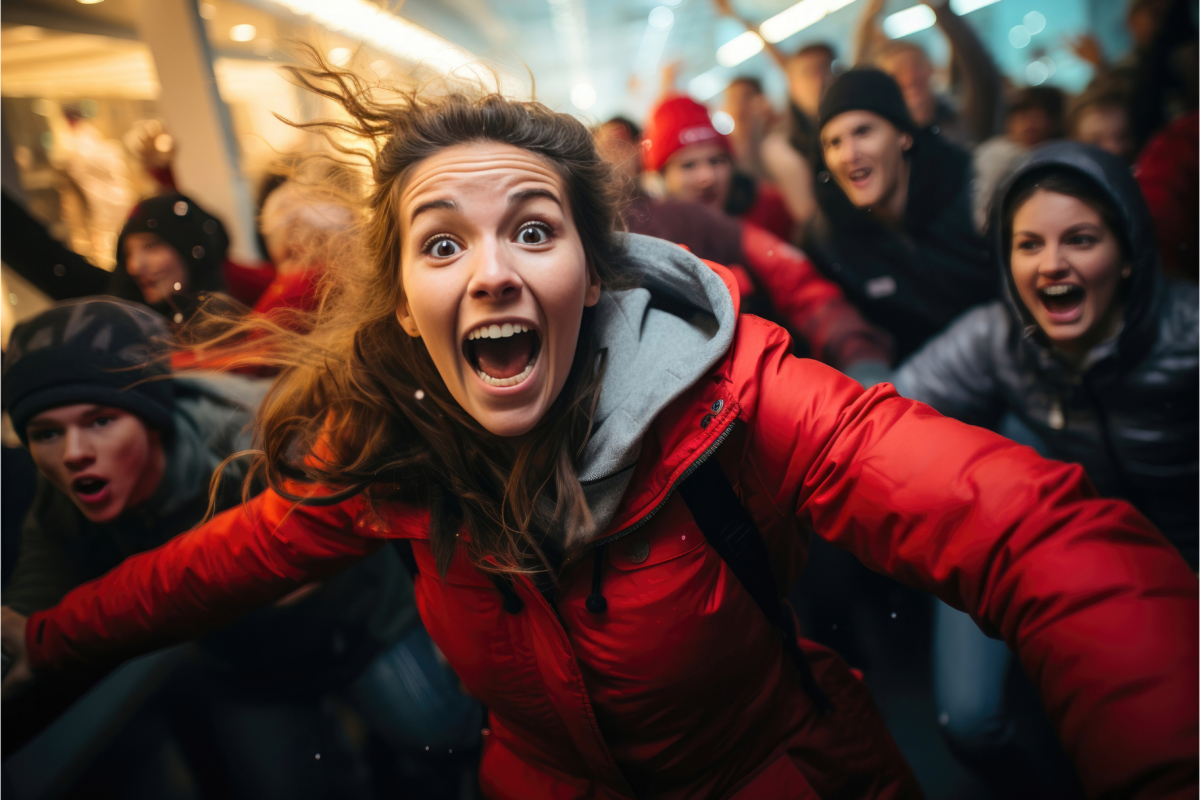 A group of excited young adults cheering in winter clothing, with a central woman in a red jacket expressing enthusiasm, exemplifies the spirit of modern sales strategies and captivating consumers.