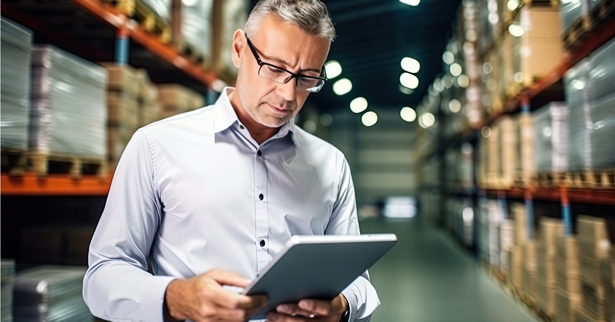 A man with glasses, dressed in a white shirt, is holding and looking at a tablet in a large, well-lit warehouse filled with shelves of boxes and packages. Utilizing digital mapping, he navigates the vast space efficiently.