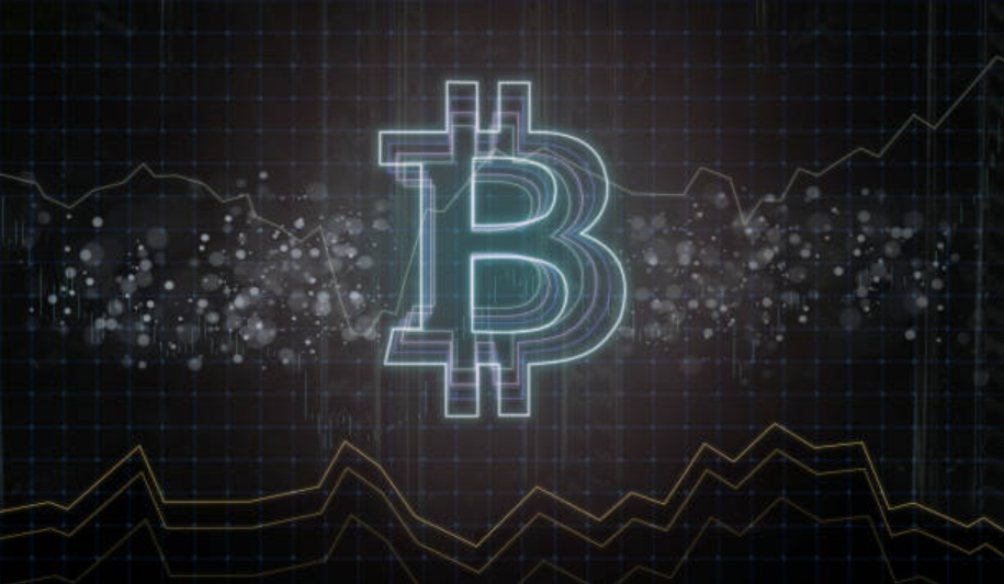 A glowing Bitcoin symbol is overlayed on a dark background with financial chart lines and data points, highlighting the impact of mining rewards and market trends in cryptocurrency.