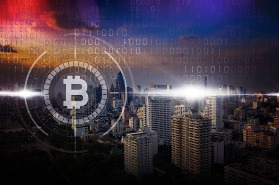 A cityscape with high-rise buildings and a sunset sky is overlaid with digital binary code and a large Bitcoin symbol at the center, highlighting emerging AI trends in the urban landscape.