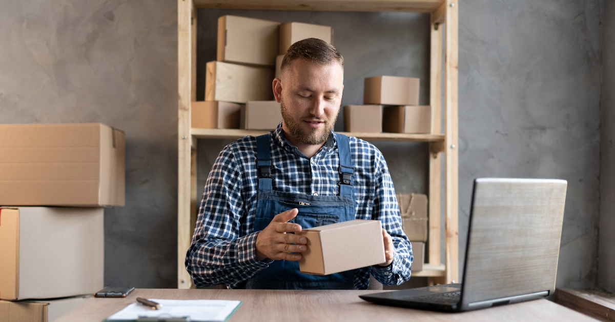 A man in overalls examines a cardboard box while seated at a desk with a laptop, making the most of his workspace. Shelves filled with similar boxes, ready for customers' doorsteps, line the background.
