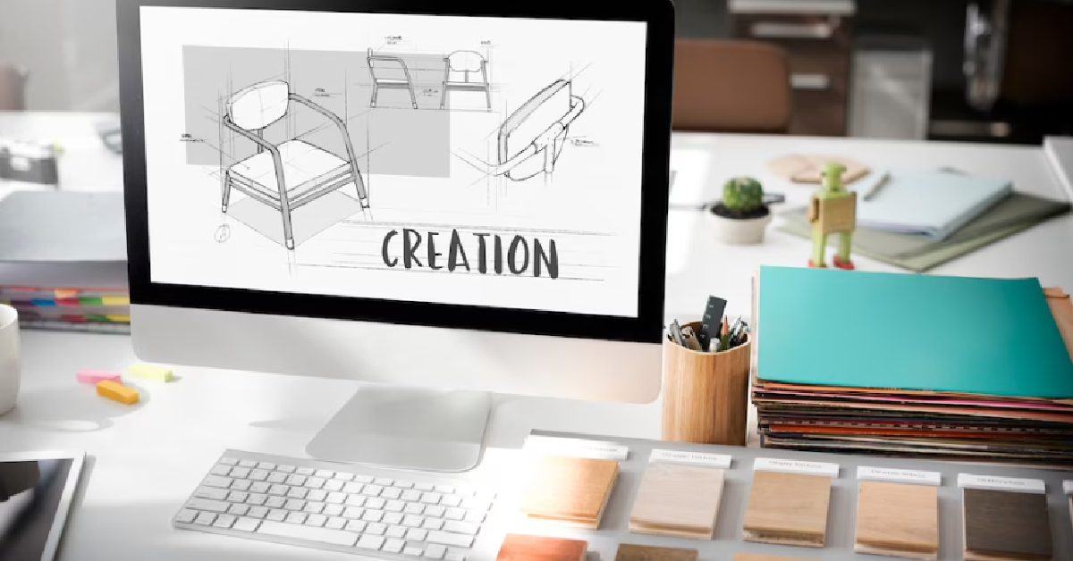 A professionally designed computer screen displaying the word creation, perfect for businesses seeking high-quality 3D rendering services.