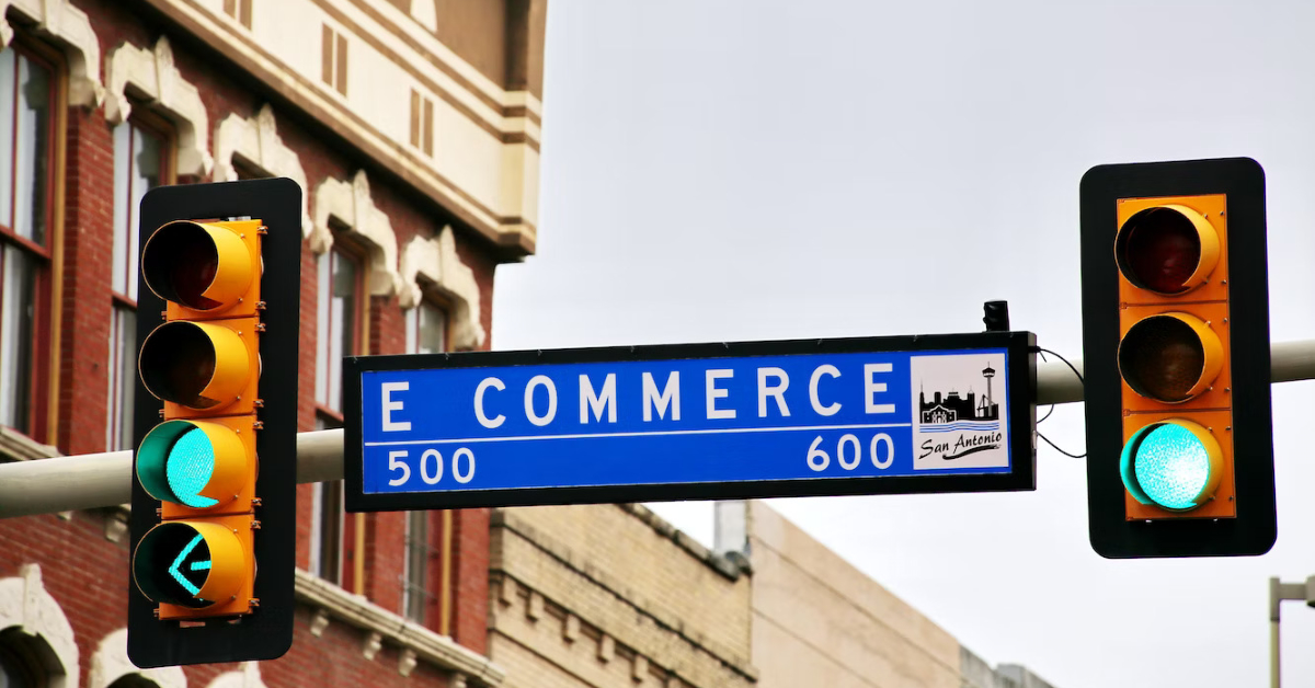 E-commerce: A custom street sign displaying the word "e-commerce" prominently.
