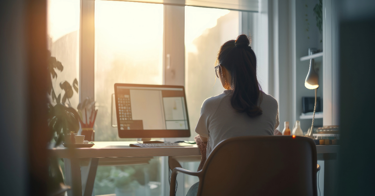 A woman showcasing her personality type while working on her computer in front of a window, influencing her career choice.