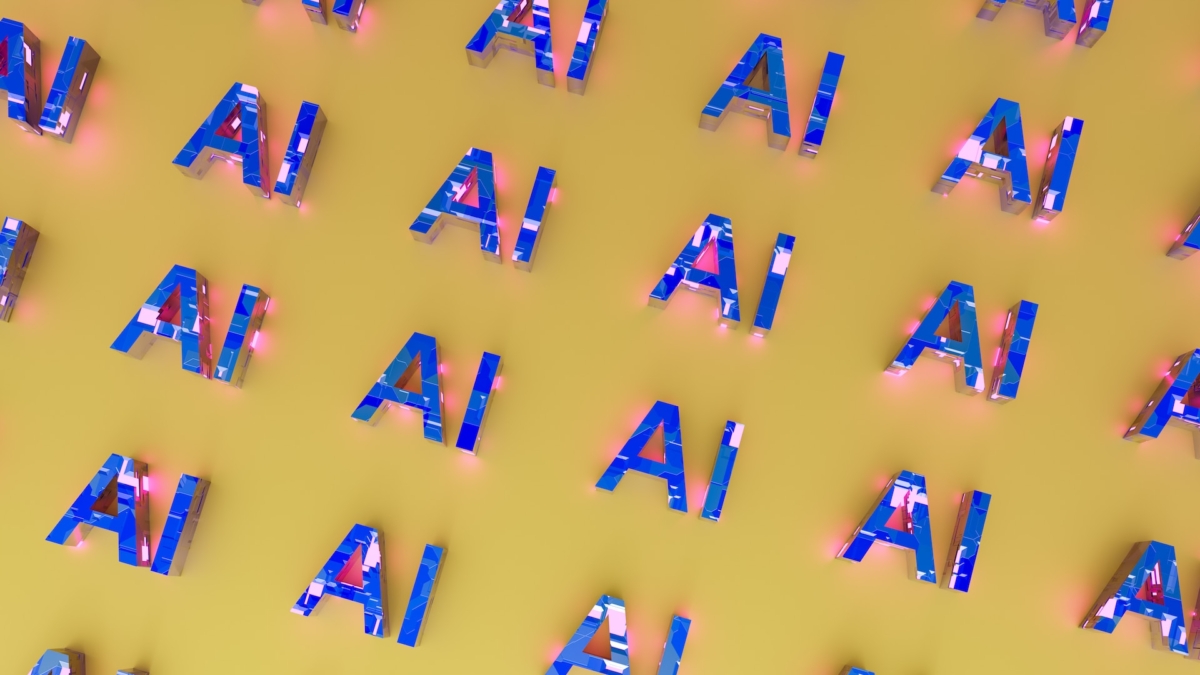 Repeated "AI" text patterns in blue and red on a yellow background evoke the dynamic landscape of AI Startups.