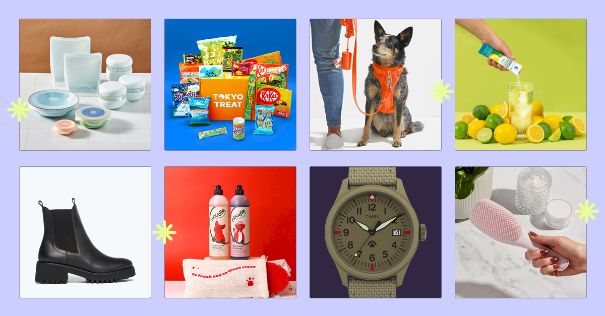 A collage of eight items: kitchen containers, Tokyo Treat snacks, dog with leash, citrus juicer, black boots, laundry detergent, green wristwatch, and hand holding a pink hairbrush. Perfect for the 2023 Holiday Gift Guide, this collection will bring a GRIN to your face.