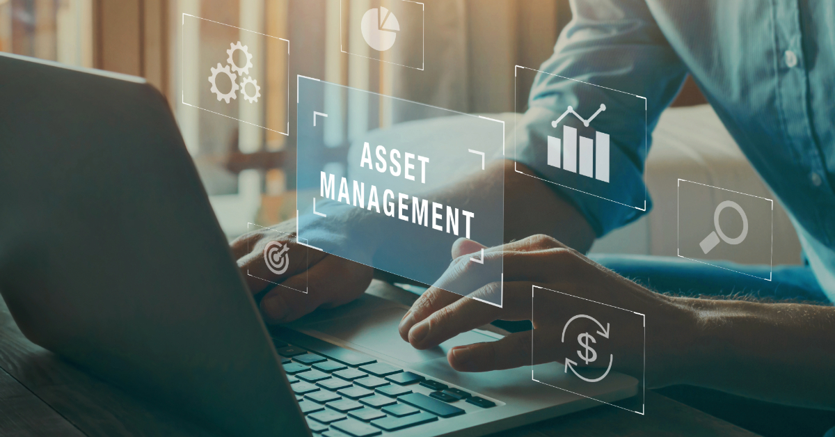 A person working on a laptop with icons representing asset management, gears, charts, and search tools floating around the screen highlights how digital asset management can enhance creativity and streamline workflow management.