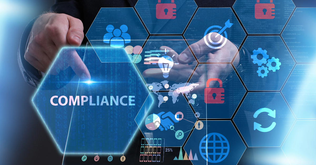 A business man in a suit is pointing at a screen displaying the word "compliance", emphasizing the importance of SOX Compliance.