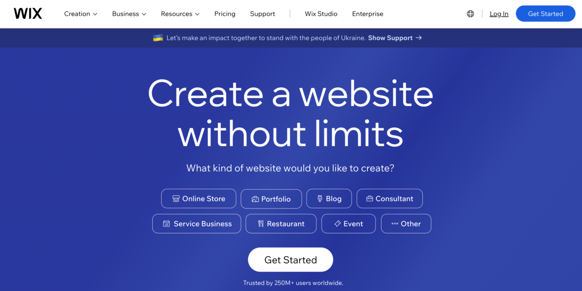 A website builder with the words create a website without limits, considered the best in its category.