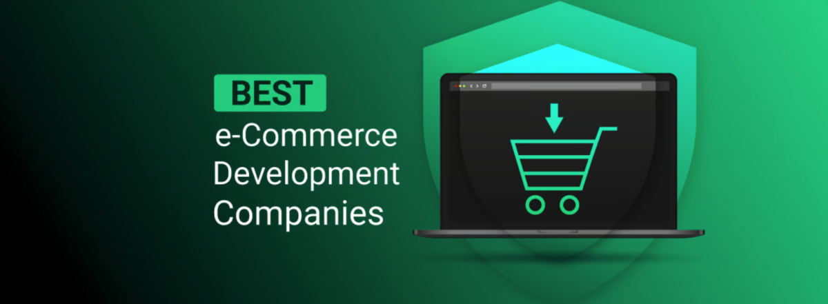 A laptop with a shopping cart icon on the screen. Text: "Best E-Commerce Development Agencies 2024" against a green background.