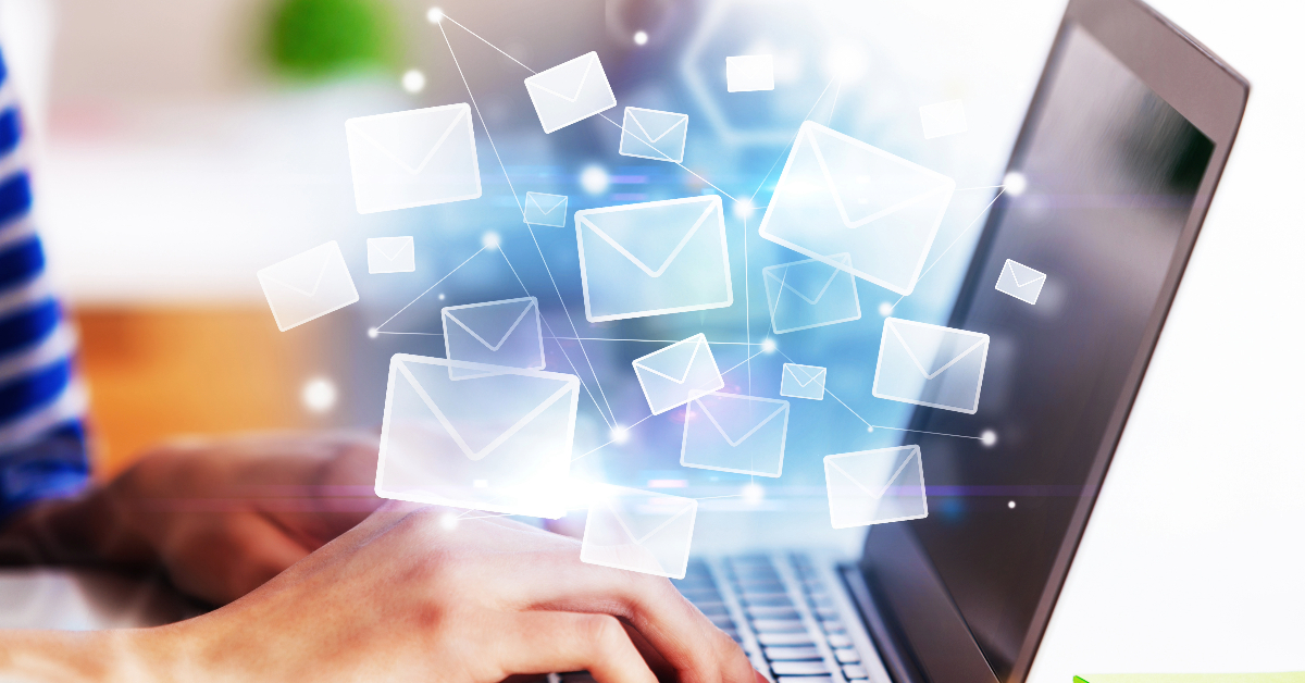 A person typing on a laptop with email marketing icons flying out of it, targeting retailers in e-commerce.