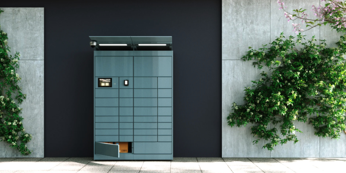 A blue locker with plants in front of it, revolutionizing retail and enhancing customer experience.