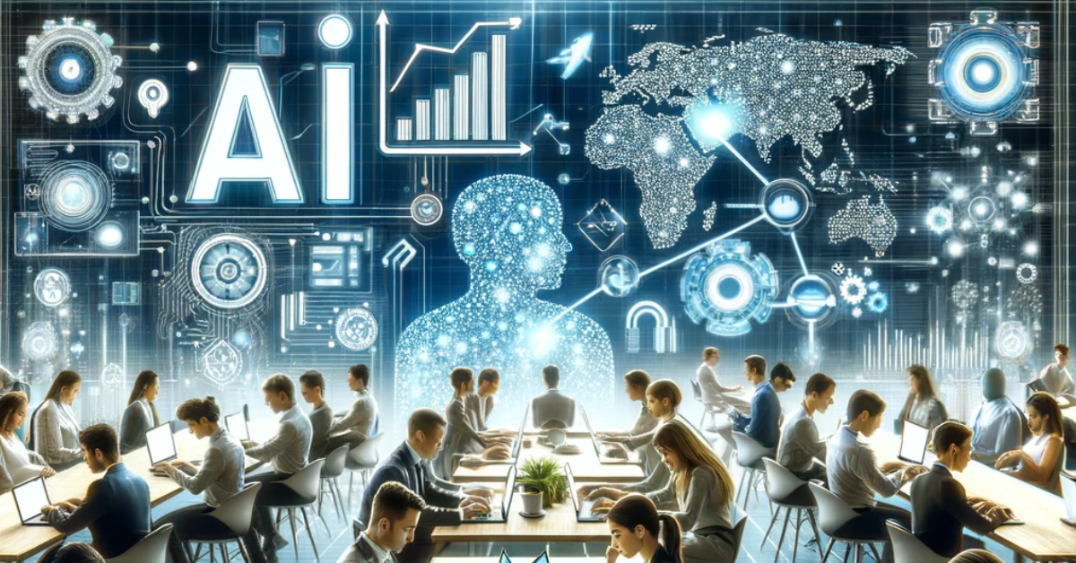 A large office with people working on computers; a digital figure and various AI-related icons and graphs overlaid on the background, illustrating the transformative potential of artificial intelligence in IT fields.