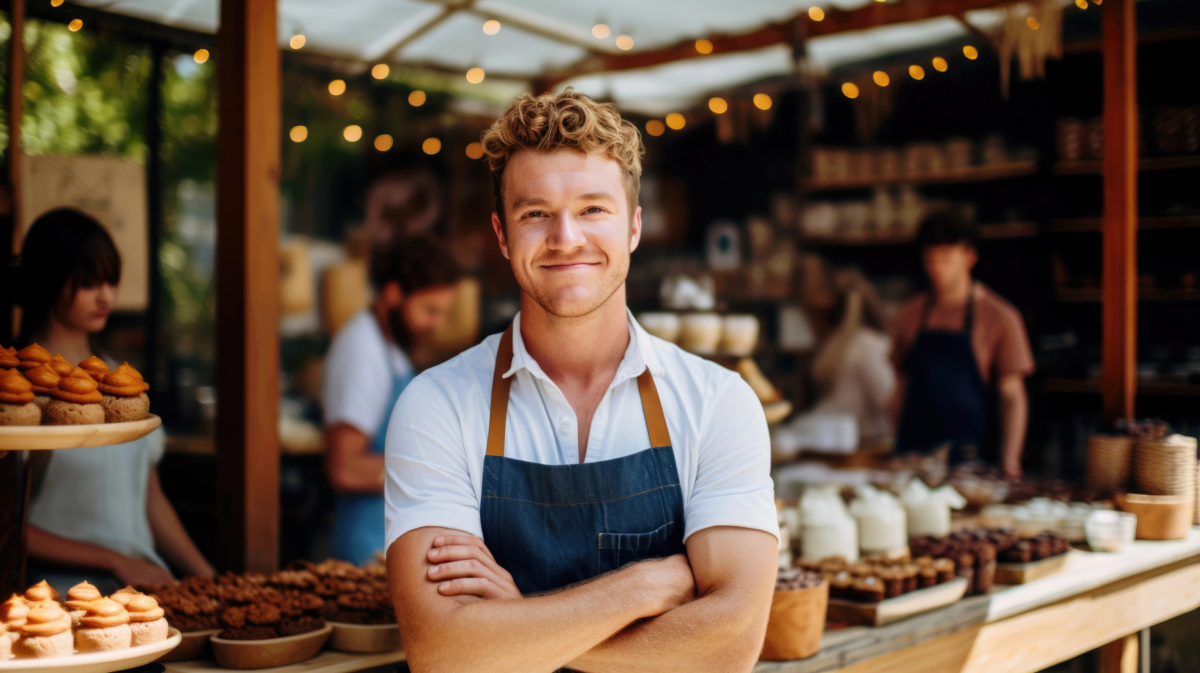 A man with curly hair and a blue apron stands smiling in front of a bakery stall, with various pastries and dessert items displayed around him. Behind him, other people are working on a pantry transformation to better organize bulk food options for the busy pound shop.