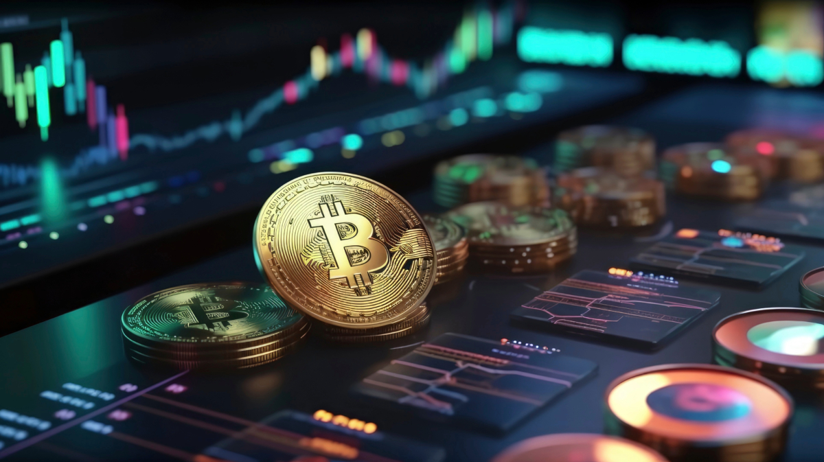 Digital rendering of Bitcoin coins on a table with financial graphs and charts displayed on screens in the background, symbolizing cryptocurrency trading and market analysis, highlighting the anticipated 2024 crypto recovery.