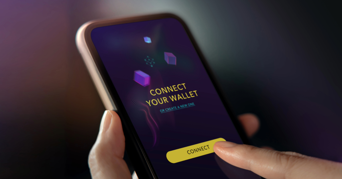 A hand holds a smartphone displaying a screen with the text "CONNECT YOUR WALLET" and a yellow "CONNECT" button. A finger is about to tap the button, initiating a revolution in digital wallet transactions.