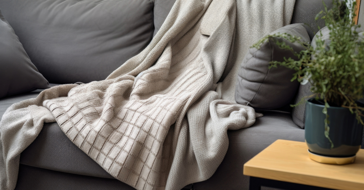 A cooling weighted blanket is sitting on a couch in a living room.