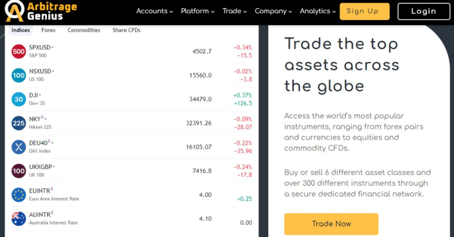 A screenshot of the Arbitrage Genius trading platform shows various indices, their respective prices and changes, along with a sidebar promoting trading top global assets. User reviews highlight the platform's efficiency and reliability for seasoned traders and newcomers alike.