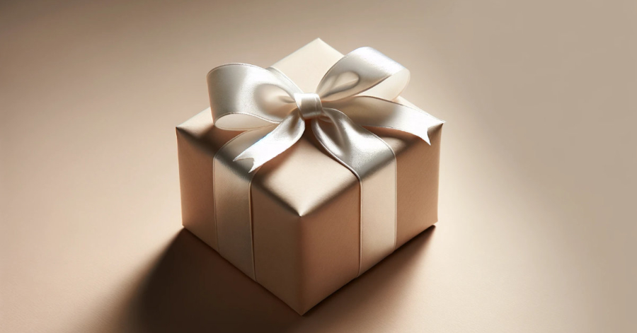 A brown gift box with a white bow on a beige background, ready for package delivery.