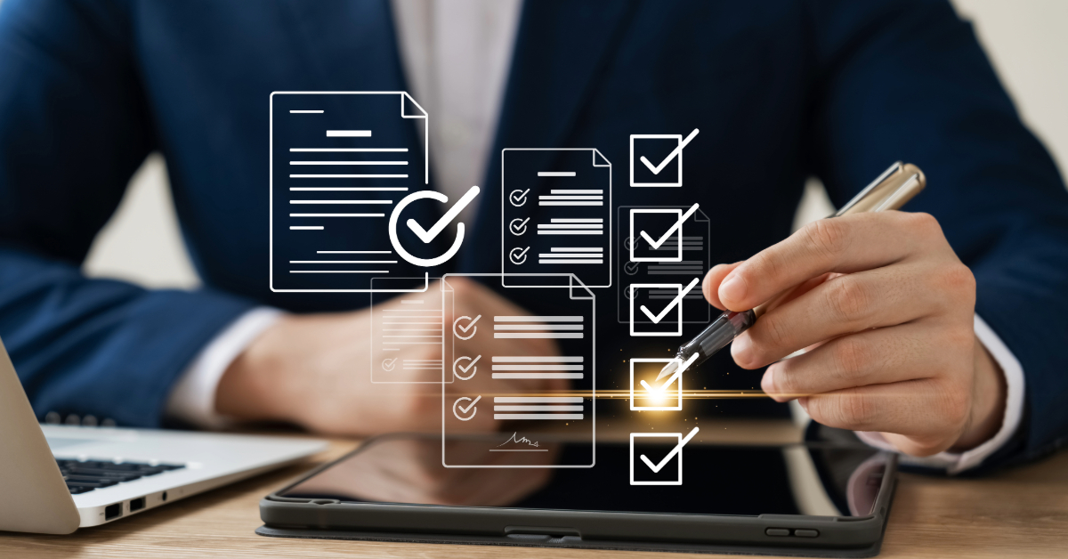A person in a suit uses a stylus to interact with a checklist displayed on a digital tablet, with icons of documents and checkboxes overlaid. A laptop is visible in the background, possibly researching tips for making money fast on TaskRabbit.