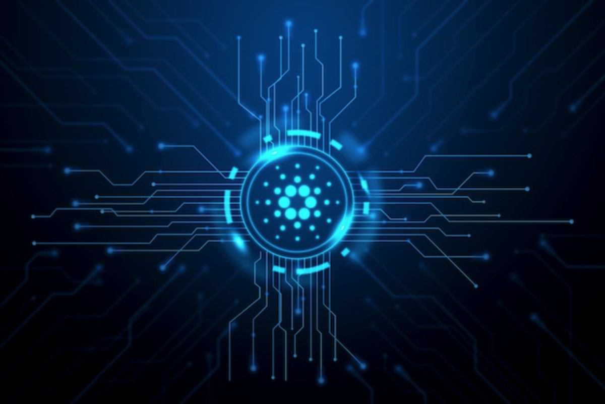 A digital circuit design featuring a glowing blue central node and branching lines, reminiscent of cutting-edge technological innovations, stands out against a dark background.