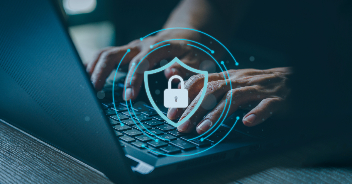 Close-up of hands typing on a laptop keyboard, with a digital padlock and shield icon superimposed, representing online security and the protection provided by an LEI code.