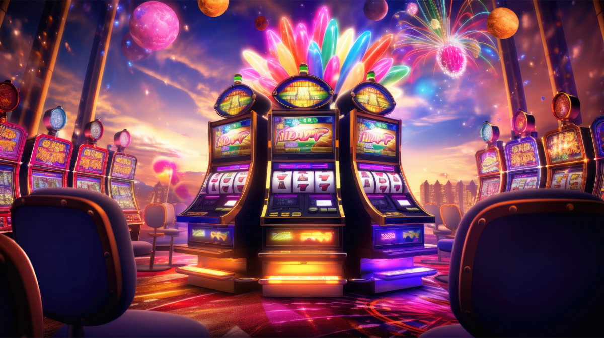 A vibrant casino floor comes alive with colorful slot machines and bright lights, as fireworks paint the background. For those eager to delve into online slots, this lively setting offers a practical guide to blending excitement with strategic fun.