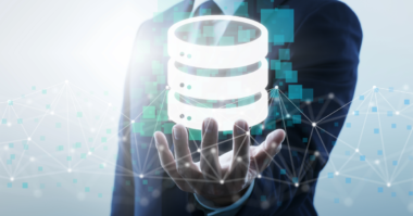 A person in a suit holds a stylized glowing database icon, symbolizing impeccable data quality, surrounded by a digital network of connected nodes.