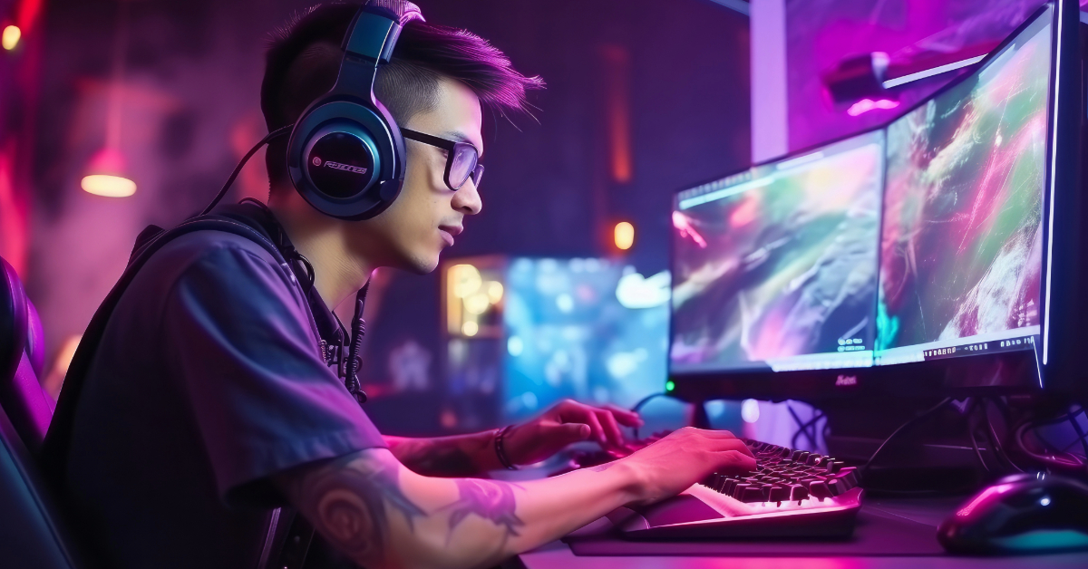 A person wearing headphones is focused on playing a video game on a dual-monitor setup in a dimly lit room with colorful lighting, perhaps taking mental notes for tips on making money fast on Twitch.