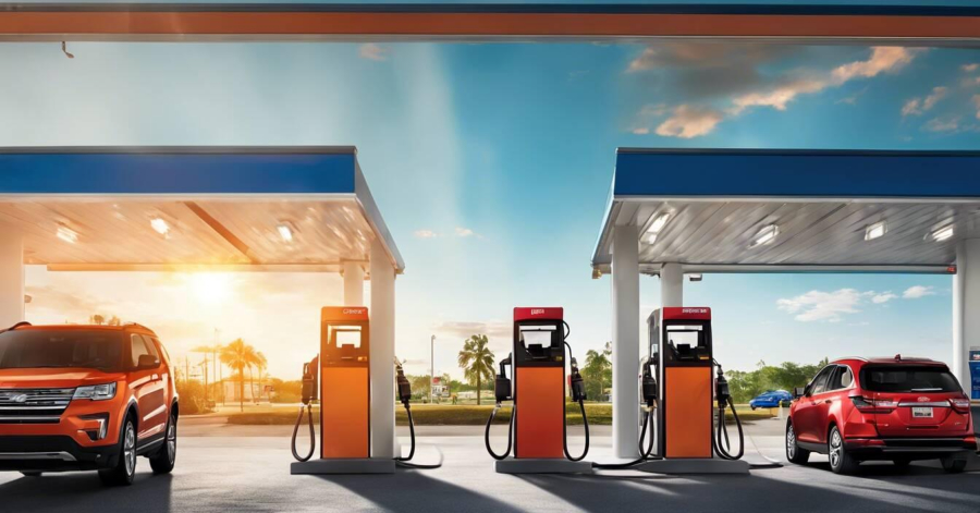 Two cars from local vehicle fleets are parked at a gas station with three fuel pumps under a blue and orange canopy, set against a backdrop of a bright sky and palm trees. The drivers enjoy cost savings thanks to their convenient fuel cards.