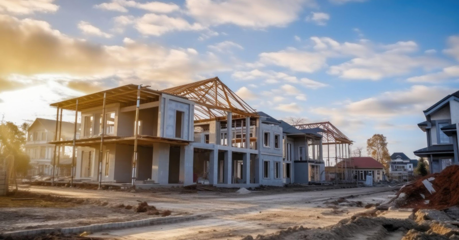 Partially constructed modern houses with exposed wooden frames under a cloudy sky hint at a successful project in progress, surrounded by dirt and construction materials.