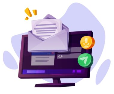 Illustration of a computer monitor showcasing an open envelope with papers, accompanied by microphone and send icons. Perfect for depicting ecommerce operations on platforms like Shopify or a DTC business strategy.