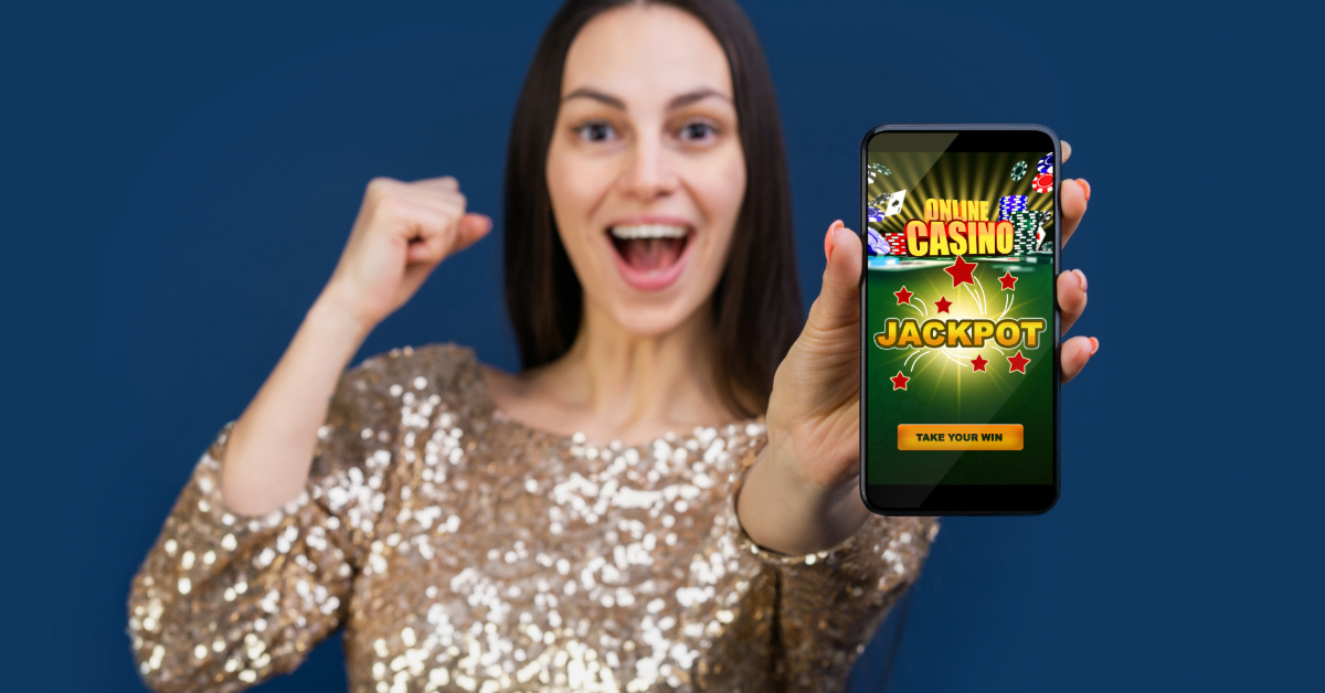 A woman in a gold sequin top excitedly holds up her smartphone, revealing a casino jackpot win, as notifications from her thriving Shopify ecommerce store buzz in the background.