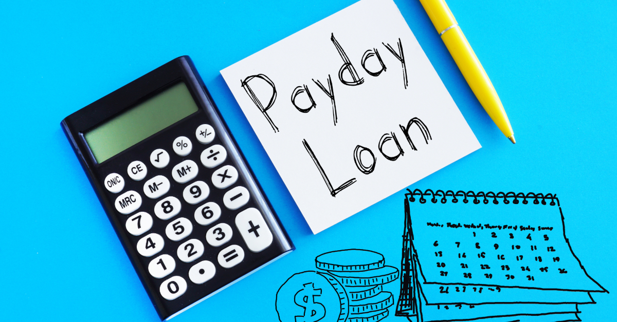 A calculator, a sticky note with "Payday Loan" text, and a calendar sit alongside coin stacks on a blue background, evoking the meticulous planning of an ecommerce business navigating the complexities of Shopify in the DTC landscape.