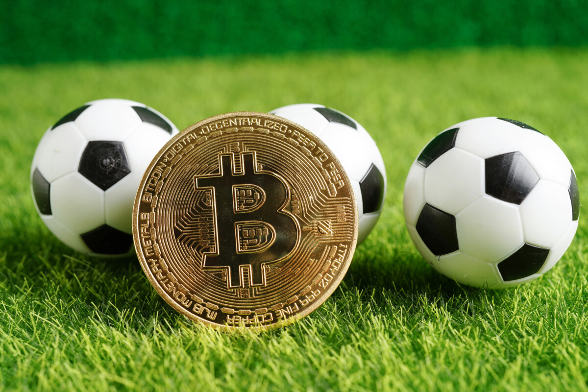 A Bitcoin coin is placed on green grass, surrounded by three small soccer balls, symbolizing the vibrant playfield of the e-commerce world where Shopify drives direct-to-consumer success.