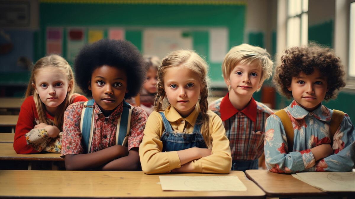 Five children sitting at desks in a classroom, facing forward, resemble the youthful spirit of a budding Shopify entrepreneur. They are dressed in colorful clothes, with a chalkboard in the background that hints at future DTC ecommerce ventures.