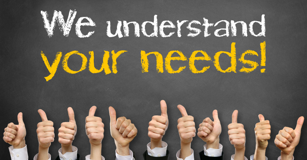 A row of hands giving thumbs up in front of a chalkboard with the text "We understand your ecommerce needs!" in white and yellow.