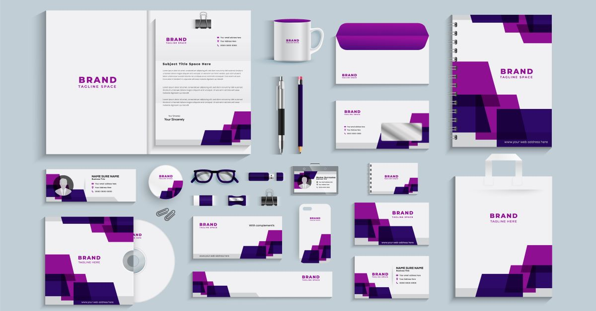 Assorted branded stationery items including notebooks, business cards, pens, mugs, and envelopes with a purple and black geometric design on a light blue background are perfect for your Shopify ecommerce store or any DTC brand looking to make a stylish impression.