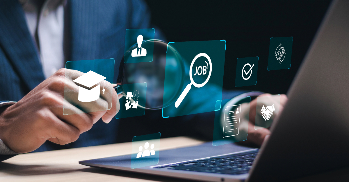 A person using a laptop interacts with floating virtual icons related to job search, education, and communication, seamlessly integrating workforce management software to enhance productivity.