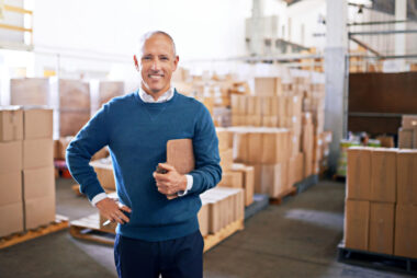 A person in a blue sweater stands smiling in a warehouse filled with stacked cardboard boxes, holding a tablet, as they manage their ecommerce business.