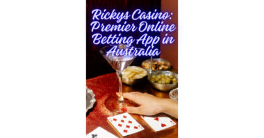 A hand near playing cards and a martini glass on a sparkly table. Text reads "Rickys Casino: Premier Online Betting App in Australia, perfect for savvy DTC enthusiasts.