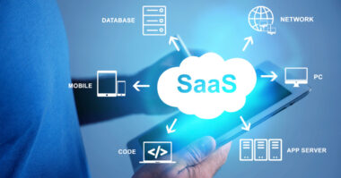A person holds a tablet displaying a cloud labeled "SaaS," with arrows pointing to icons labeled Database, Network, PC, App Server, Code, and Mobile—perfect for streamlining ecommerce and DTC operations on platforms like Shopify.
