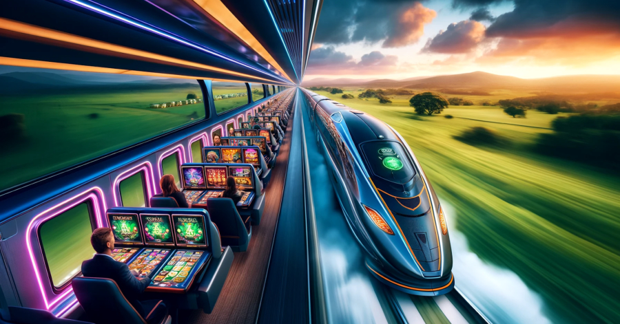A futuristic train speeds through the countryside, offering passengers a unique blend of entertainment with its onboard casino. Passengers enjoy the thrill of slot machines and other exciting games as they journey to their destination.