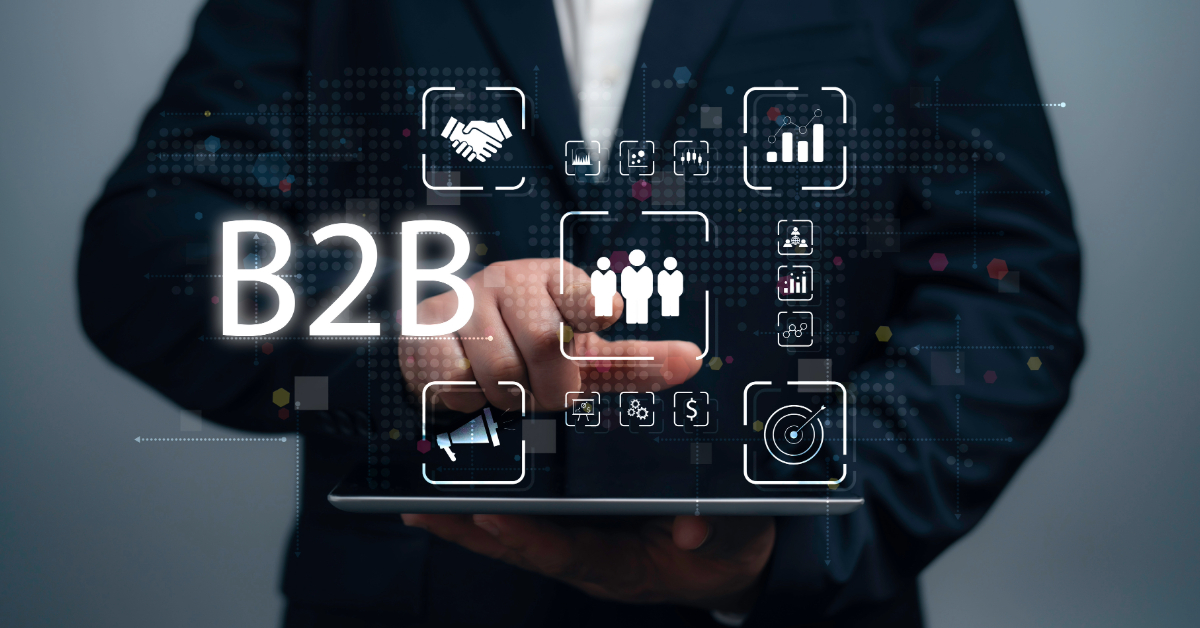 A person in a suit engages with virtual icons representing business concepts like B2B, analytics, handshake, growth chart, and team over a tablet, managing an essential lead list for driving strategic growth.