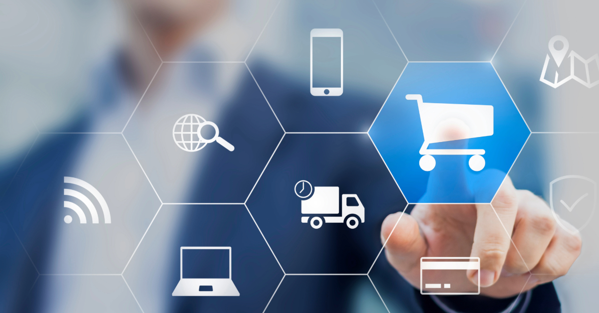 A businessperson in a suit navigates a digital interface with shopping cart, delivery truck, smartphone, and credit card icons on a hexagonal grid, seamlessly choosing an ecommerce CMS to optimize their online retail operations.