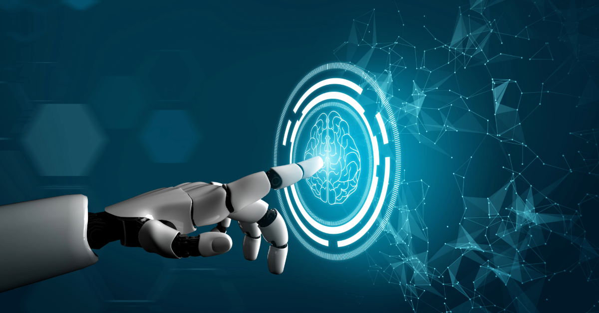 A robotic hand touches a digital interface, seamlessly integrating AI coaching with a brain hologram, surrounded by network lines against a blue background.